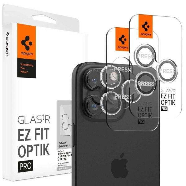 4 db kameraüvegvédő készlet Spigen Optik EZ FIT kompatibilis iPhone 15 Pro /
15 Pro Max Crystal Clear készülékekkel