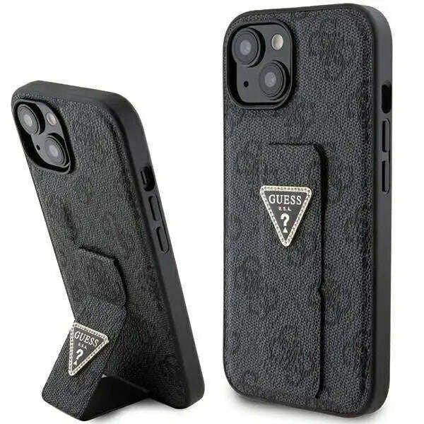 Védőtok Cover Guess PU Grip Stand 4G Strass Triangle Metal Logó iPhone 15
telefonhoz, fekete