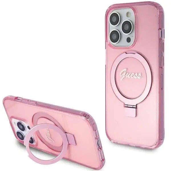 Védőtok, borító Guess IML Ring Stand Glitter MagSafe iPhone 15 Pro
készülékhez, rózsaszín