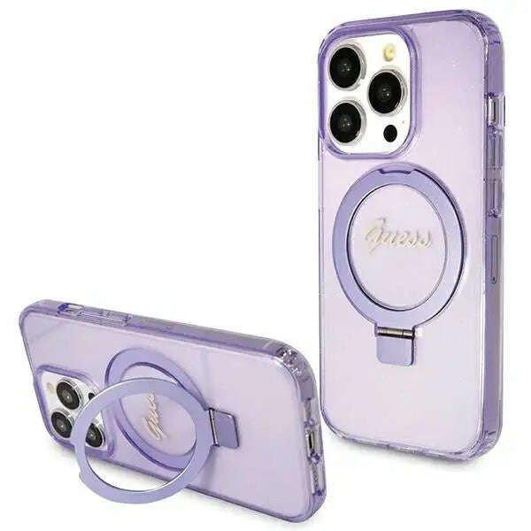 Védőtok, borító Guess IML Ring Stand Glitter MagSafe iPhone 15 Pro
készülékhez, lila
