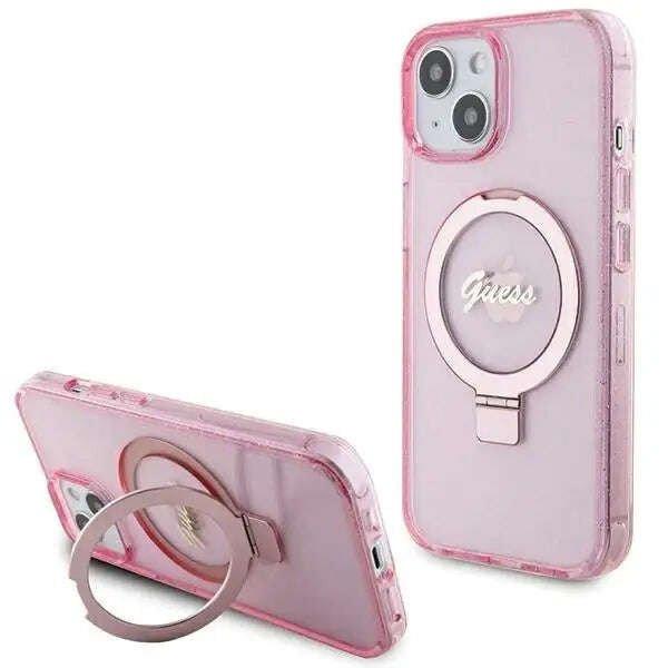 Védőtok, borító Guess IML Ring Stand Glitter MagSafe iPhone 15-höz,
rózsaszín