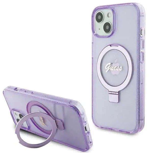 Védőtok, borító Guess IML Ring Stand Glitter MagSafe iPhone 15-höz, lila