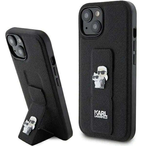 Védőtok Borító Karl Lagerfeld Saffiano Grip Stand Fém logó iPhone 15
telefonhoz, fekete
