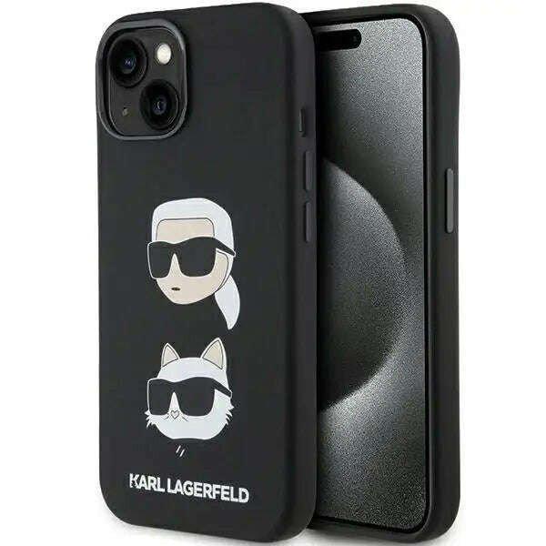 Védőtok Borító Karl Lagerfeld folyékony szilikon Karl és Choupette fejek
iPhone 15-höz, fekete