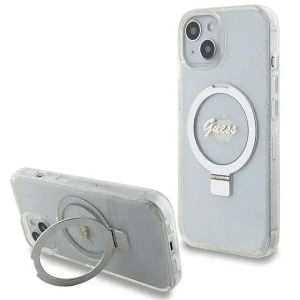 Védőtok, borító Guess IML Ring Stand Glitter MagSafe iPhone 15-höz,
átlátszó