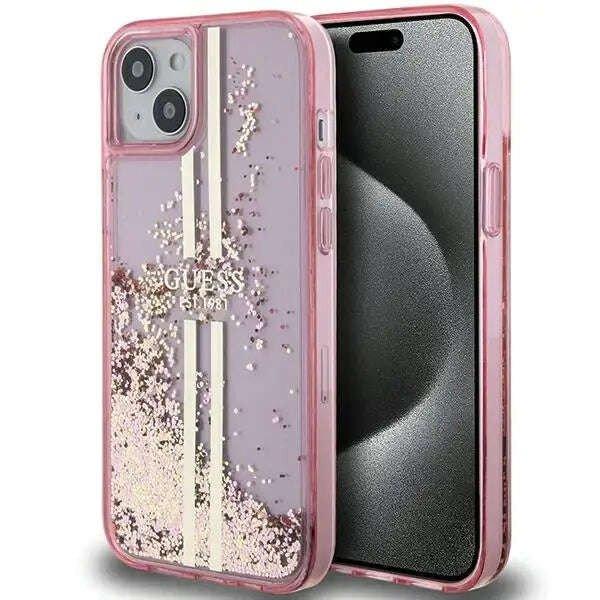 Guess Liquid Glitter Gold Stripes telefontok, kompatibilis az iPhone 15 Plus /
14 Plus telefonnal, rózsaszín