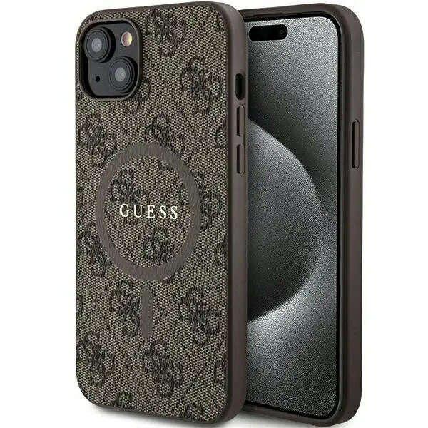 Védőtok Borító Guess PU bőr 4G színes MagSafe gyűrű iPhone 15 Plus
készülékhez, barna