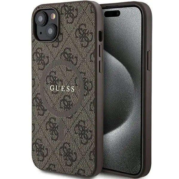 Védőtok, borító Guess PU bőr 4G színes MagSafe gyűrű iPhone 15-höz,
barna