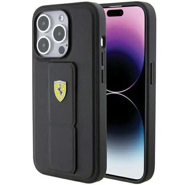 Védőtok, Ferrari, TPU/Ökológiai bőr, iPhone 15 Pro-hoz, Fekete
