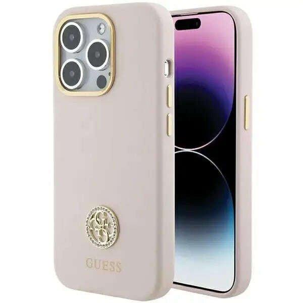 Védőtok Guess Liquid Silicone 4G Strass Metal Logo iPhone 15 Pro telefonhoz,
rózsaszín