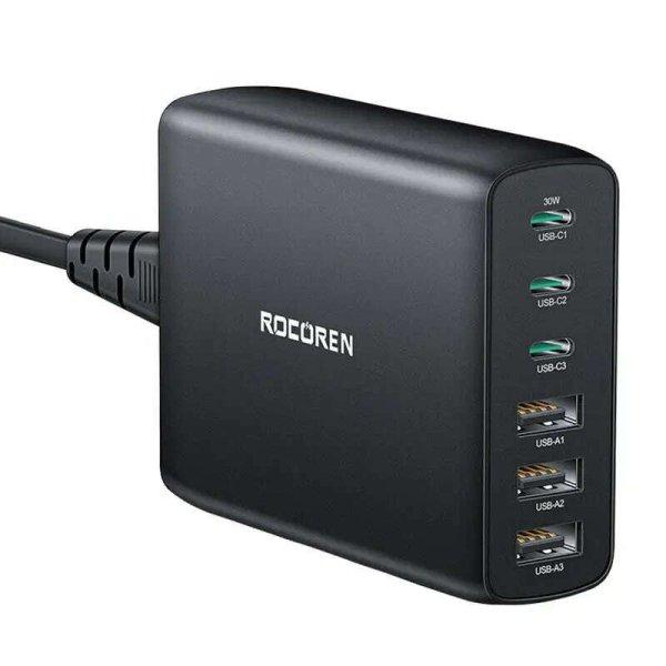 Hálózati töltő, Rocoren, 6 USB port, GaN, 100 W, fekete, 89x71x28,5 mm