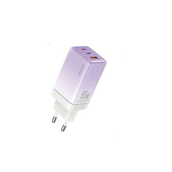 USAMS Sandru 2x USB-C / USB-A Hálózati töltő - Lila (65W)