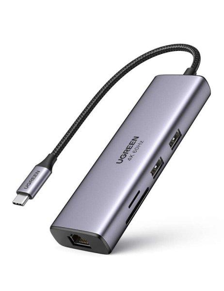 UGREEN CM512 6 az 1-ben USB-C adapter 2x USB + HDMI + USB-C + RJ45 + TF/SD
(szürke)