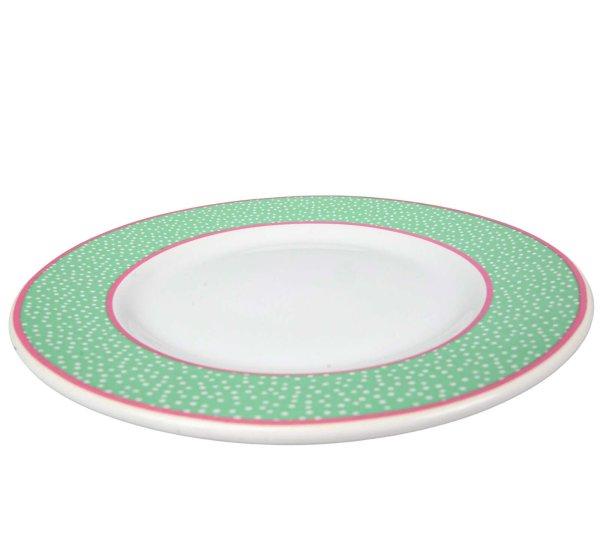 Arktik fehér zöld pötyös szalaggal és rózsaszín csikókkal díszített,
20 cm-es Cesiro deszert tányér