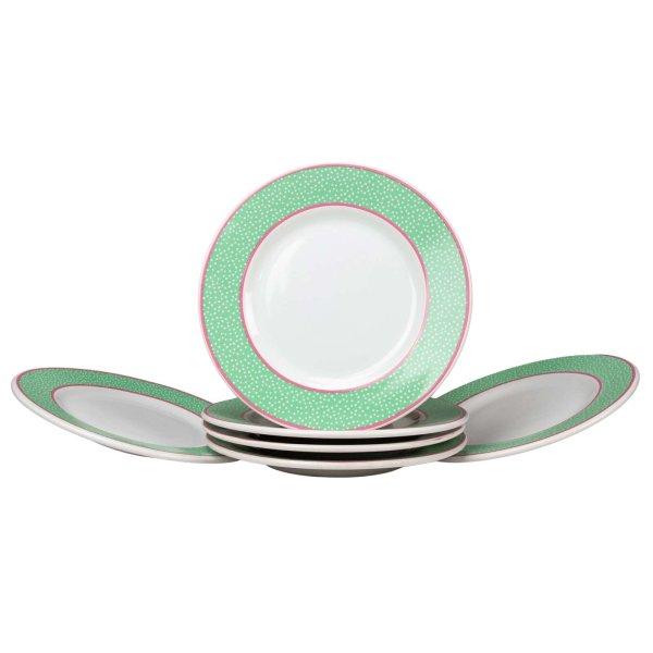 6 darabos Cesiro szett: Arktik Fehér zöld pötyös szalaggal és rózsaszín
csikókkal díszített 20 cm-es deszert tányér