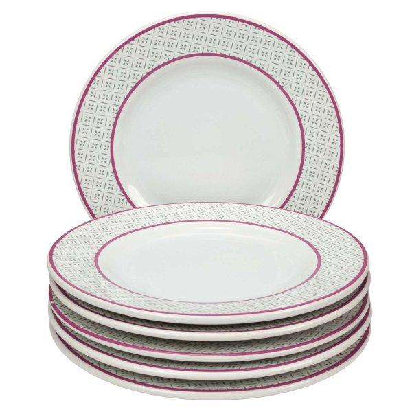 6 darabos Cesiro szett: Arktik Fehér rózsaszín csíkkal és virággal
díszített 20 cm-es deszert tányér