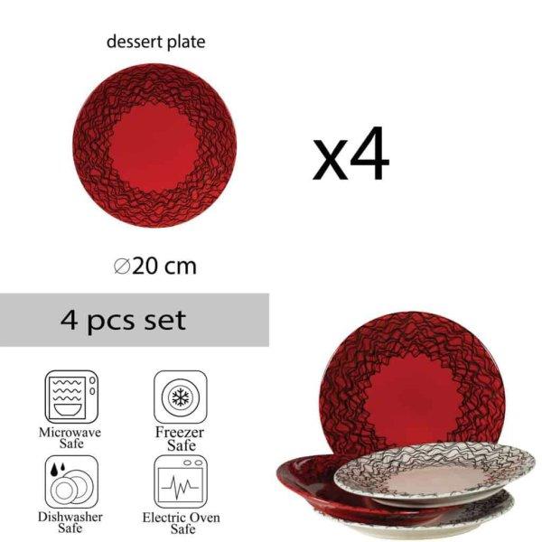 4 darabos desszert tányér, 20 cm, Krém/Piros, ívelt vonalakkal