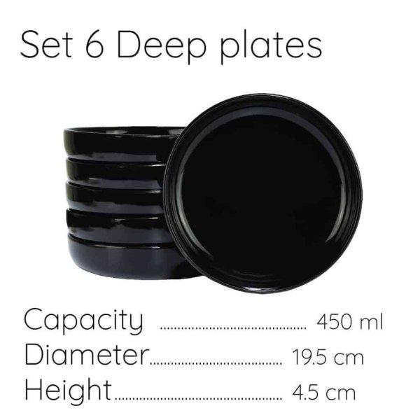 6 darabos mélytányér szett, Cesiro, 19,5 cm, Fényes Fekete