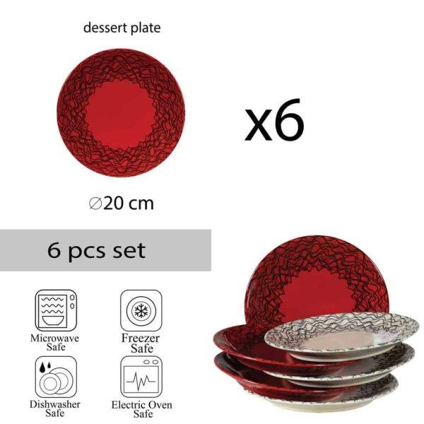 6 darabos desszert tányér, 20 cm, Krém/Piros, ívelt vonalakkal