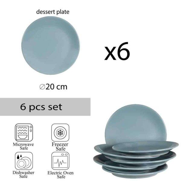 6 darabos desszert tányér, 20 cm, Kékesszürke