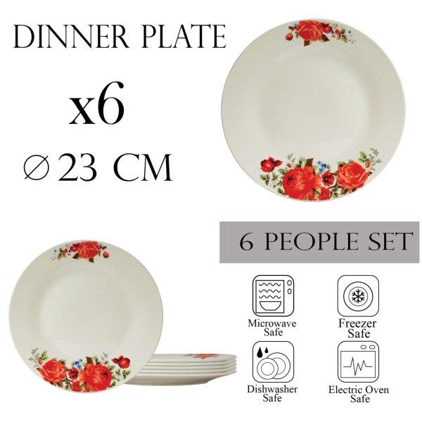 6 db lapos tányér szett, 23 cm-es, Porcelán, Vörös rózsával díszítve