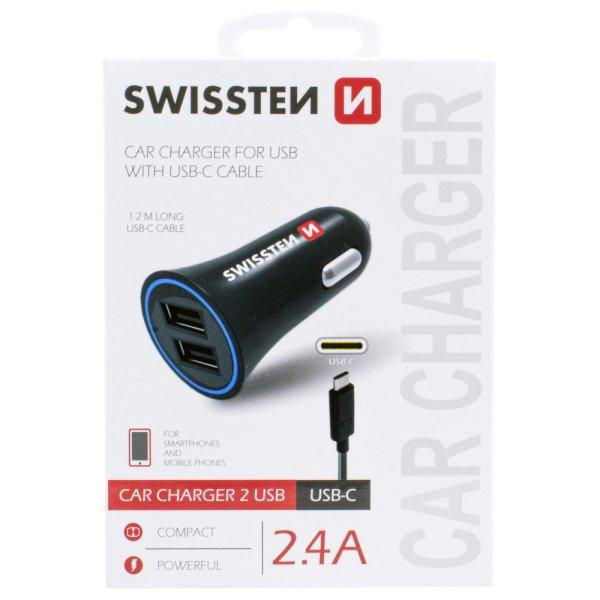 SWISSTEN, Szivargyújtós USB Gyorstöltő, USB-C Kábel, 2400mA 12/24V, 1,2m
