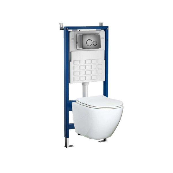 Roya Delos WH 81GRE fehér perem nélküli fali WC szett, falba építhető wc
tartállyal, nyomólappal, wc ülőkével