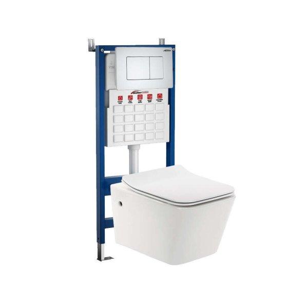 Roya Tina 011W fehér perem nélküli fali WC szett, falba építhető wc
tartállyal, nyomólappal, wc ülőkével