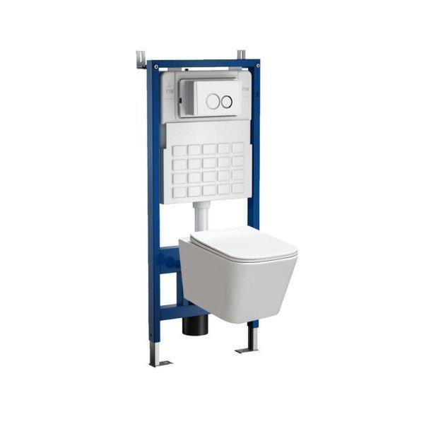 Roya Tinos 82W fehér perem nélküli fali WC szett, falba építhető wc
tartállyal, nyomólappal, wc ülőkével