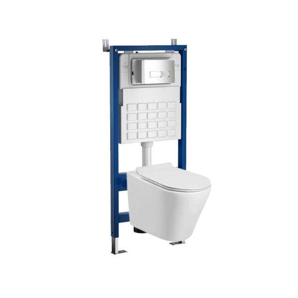 Roya Ride 21CHR fehér perem nélküli fali WC szett, falba építhető wc
tartállyal, nyomólappal, wc ülőkével