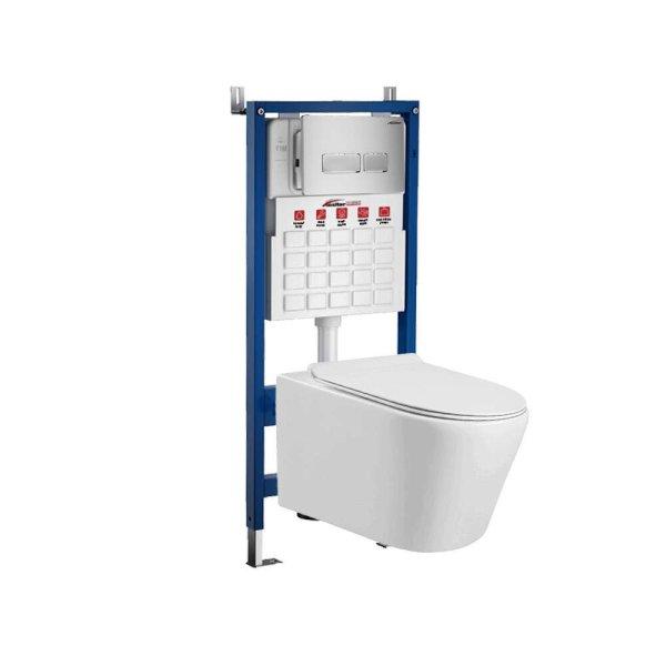 Roya Ride 021SG fehér perem nélküli fali WC szett, falba építhető wc
tartállyal, nyomólappal, wc ülőkével