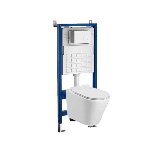 Roya Ride 21W fehér perem nélküli fali WC szett, falba építhető wc
tartállyal, nyomólappal, wc ülőkével