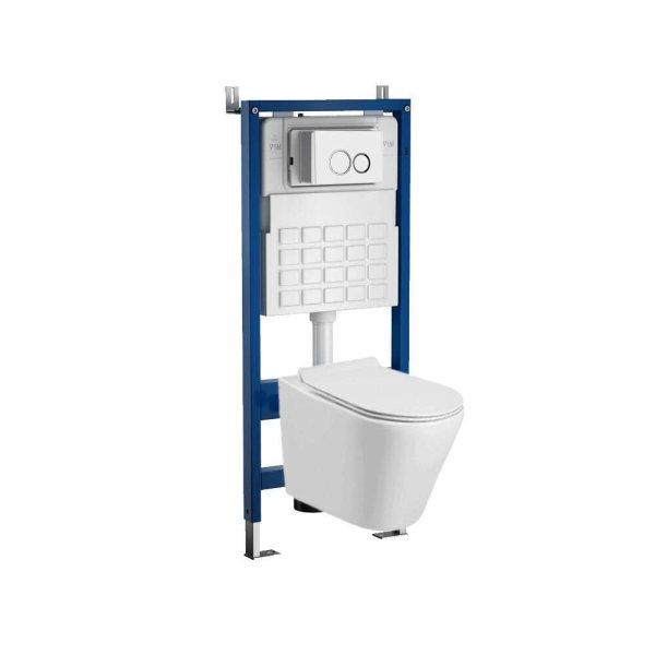 Roya Ride 82W fehér perem nélküli fali WC szett, falba építhető wc
tartállyal, nyomólappal, wc ülőkével