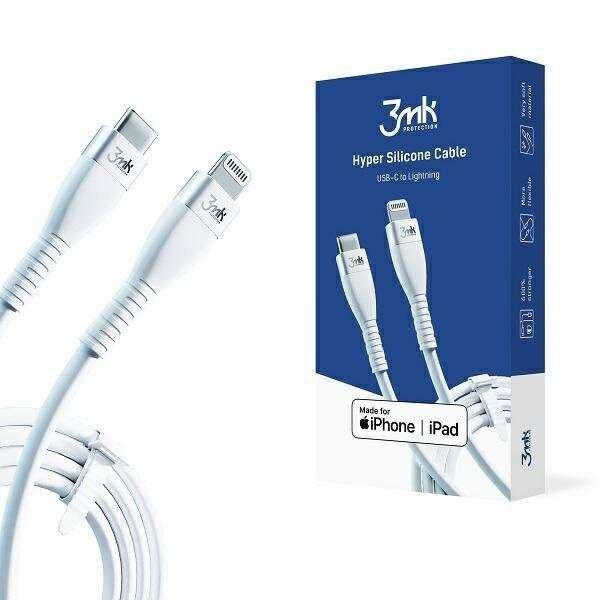 3MK adat- és töltőkábel, Hyper Szilikon, USB Type-C to Lightning 1m, PD 20W,
3A, fehér