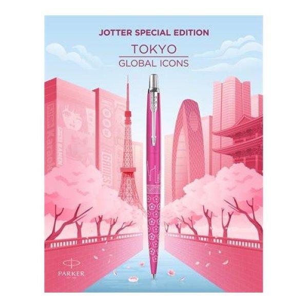 Golyóstoll, 0,7 mm, ezüst színű klip, mintás tolltest, PARKER, "Royal
Jotter Tokyo", kék