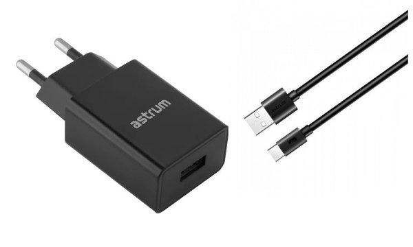 Astrum Pro U20 hálózati töltő 1X USB, 10W, Type-C adatkábellel, fekete