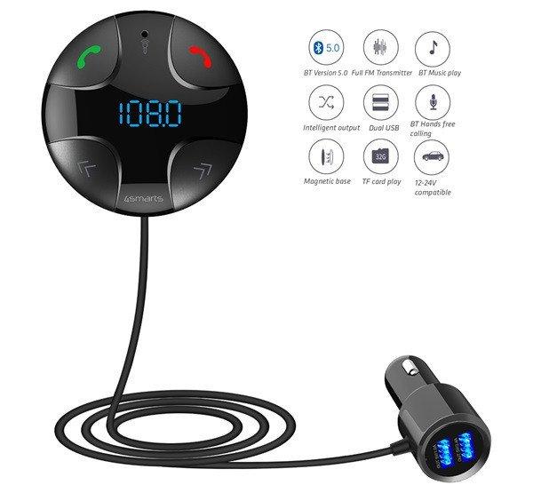 4smarts DashRemote autós szivargyújtó töltő és Bluetooth FM transzmitter,
2xUSB, 3,4A