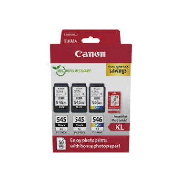 Canon 2db PG-545XL (2x15 ml) + 1db CL-546XL (1x13 ml) ( 2db fekete+ 1db színes
) EREDETI TINTAPATRON multipakk+50db GP501 10X15 FÉNYES fotópapír