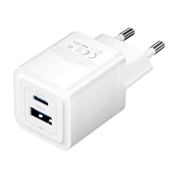 Wall charger, Vention, FEQW0-EU, USB-C + USB- A, 30W/30W , GaN (white)