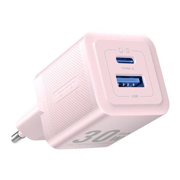 Wall charger, Vention, FEQP0-EU, USB-C + USB- A, 30W/30W, GaN (pink)