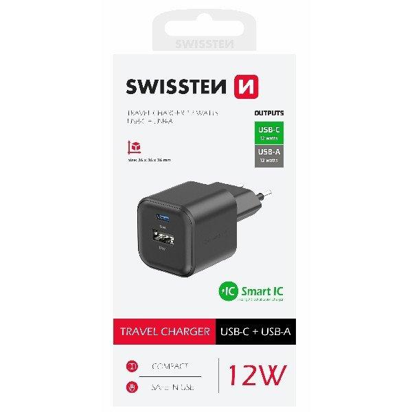 Swissten network Adapter 1x USB-C + 1xUSB-A 12W,Fekete