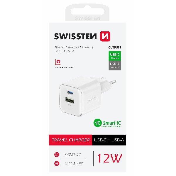 Swissten hálózati adapter 1x USB-C + 1xUSB-A 12W, fehér
