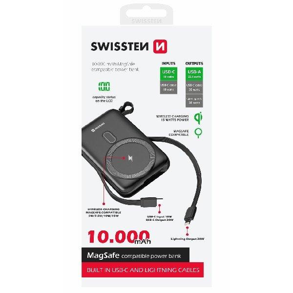 Swissten Powerbank 20 W 10000 mAh (MagSafe kompatibilis) integrált USB-C  és
lightning kábelekkel, PD, fekete
