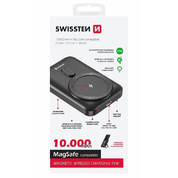 Swissten Powerbank 20 W 10000 mAh (MagSafe kompatibilis), PD, fekete