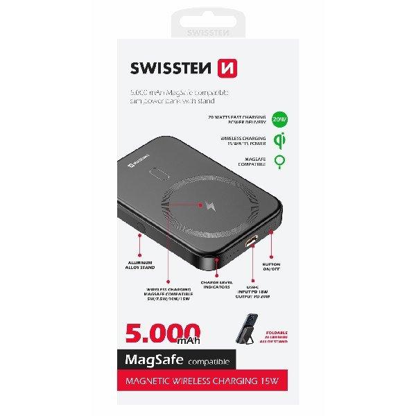 Swissten Powerbank 20 W 5000 mAh (MagSafe kompatibilis), PD, fekete