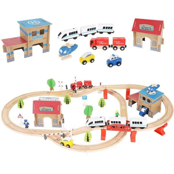 Fából készült városi vasútpálya
játékkészlet - sorompókkal, épületekkel és
járművekkel (BB-9362)