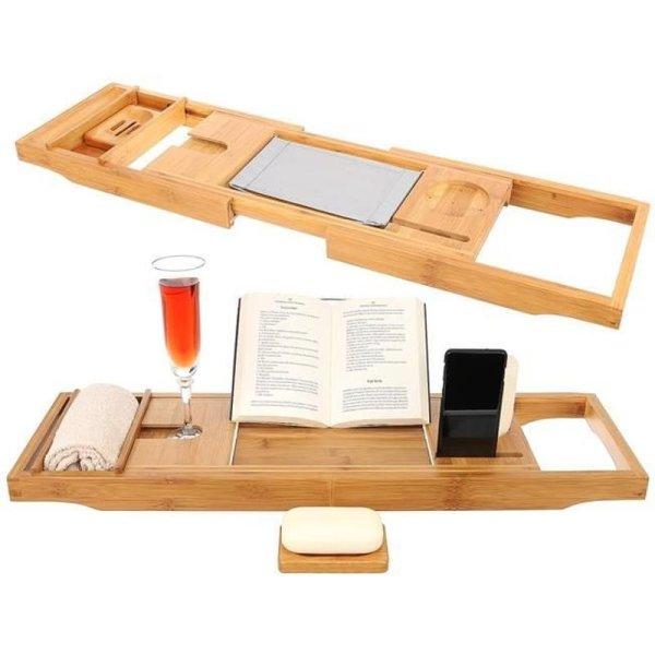 Bambusz fürdőkád tálca, asztal fürdőkádhoz, kihúzható könyv-, tablet-,
telefon- és pohártartóval, 75-112x23x4,5 cm