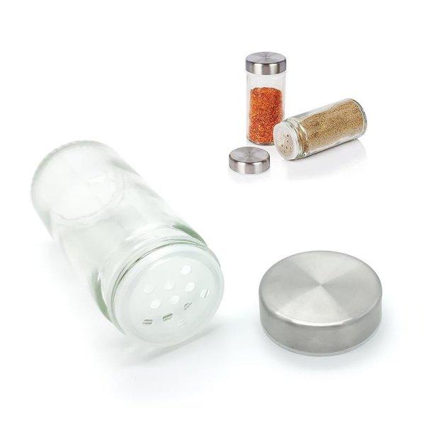 Fűszertartó üveg szórófedéllel, rozsdamentes acél csavaros kupakkal,
koncentrikus felülettel, 1 db