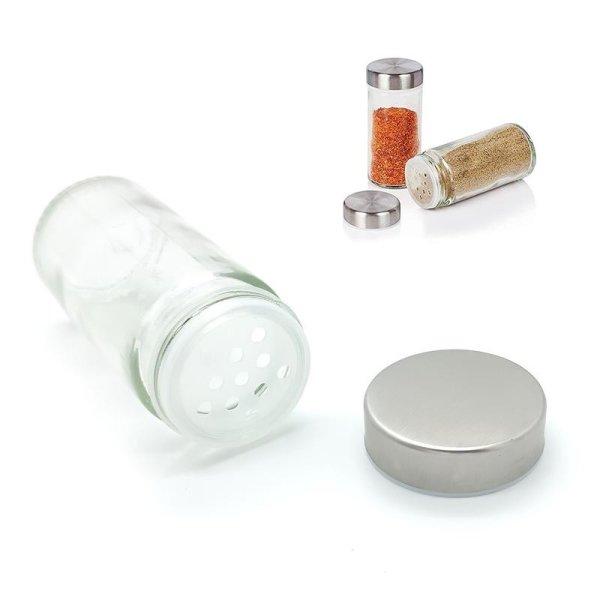 Fűszertartó üveg szórófedéllel, rozsdamentes acél csavaros kupakkal,
szálcsiszolt felülettel, 1 db