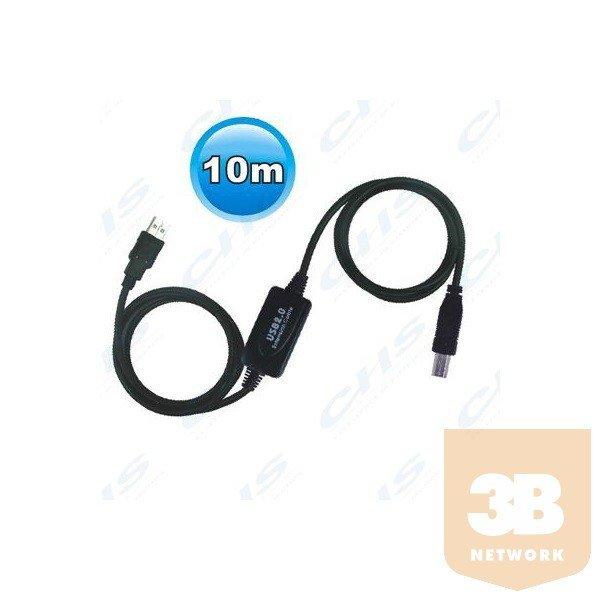 WIRETEK kábel USB Összekötő A-B, 10m, Male/Male Aktív